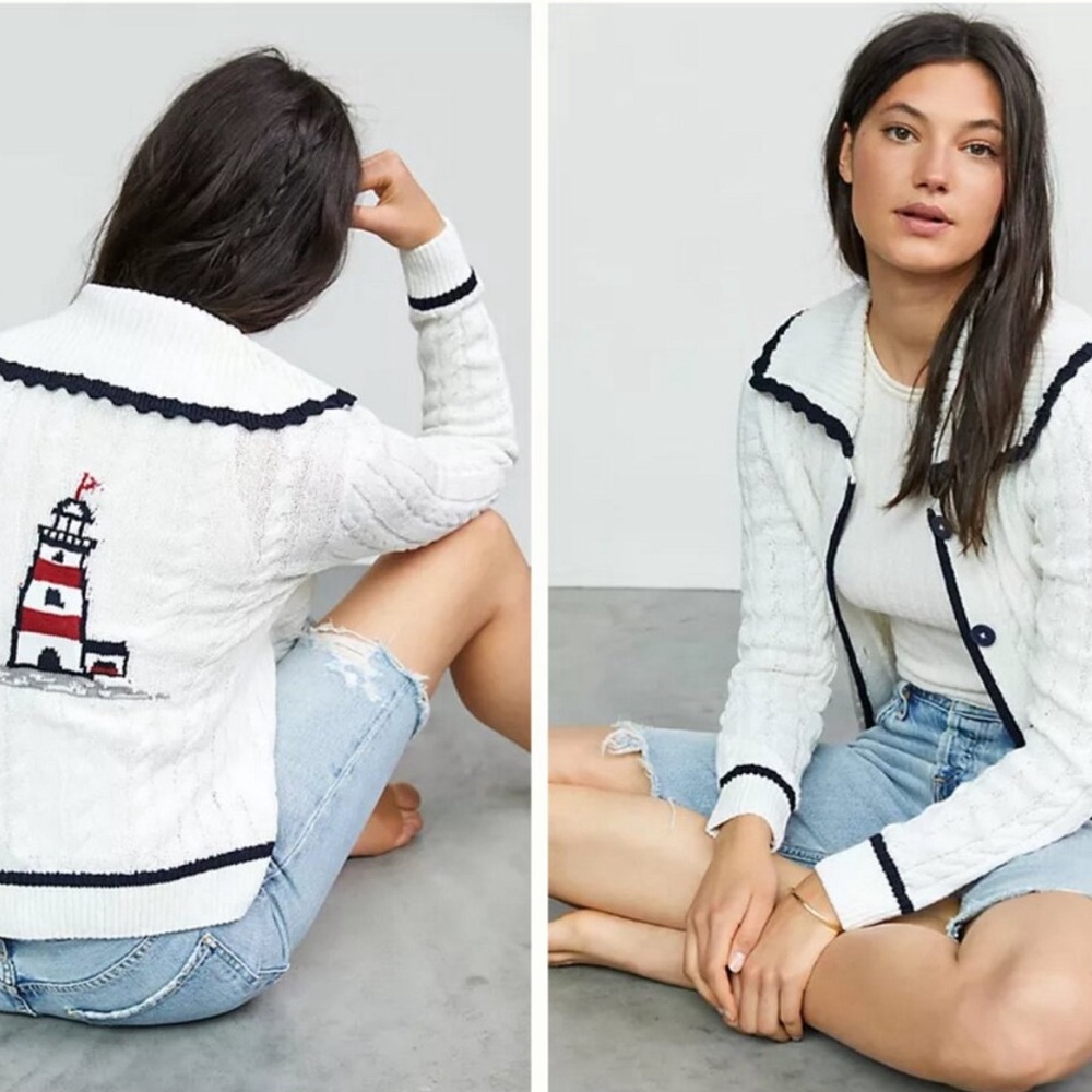 RARE Maeve White and Black Cardigan with Lighthouse Design